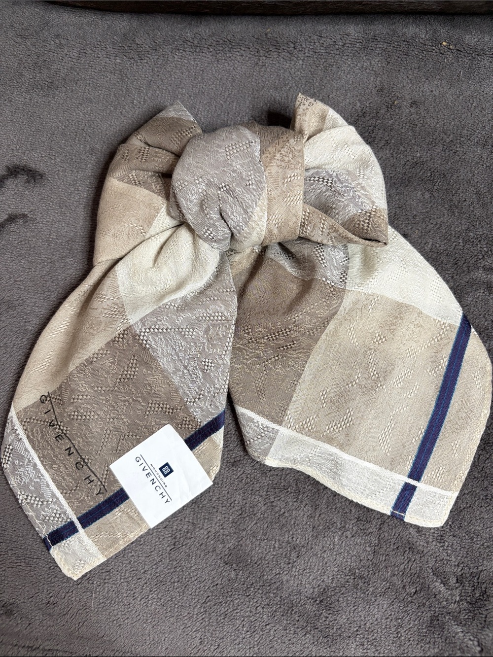 Givenchy Neutral Check Silk-Blend Scarf with Navy Stripe